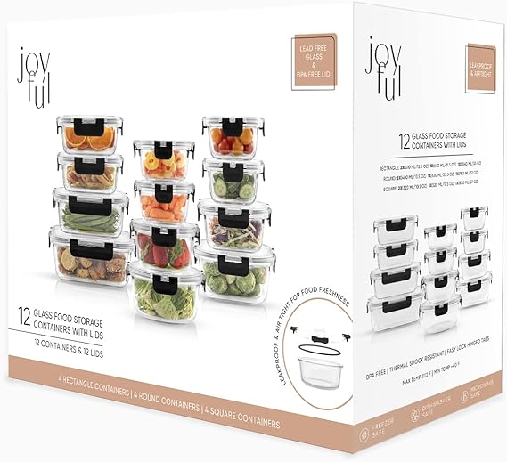 JoyJolt JoyFul 12 Airtight Freezer Safe Food Storage Containers and 12 Lids, Pantry Kitchen Storage Containers,