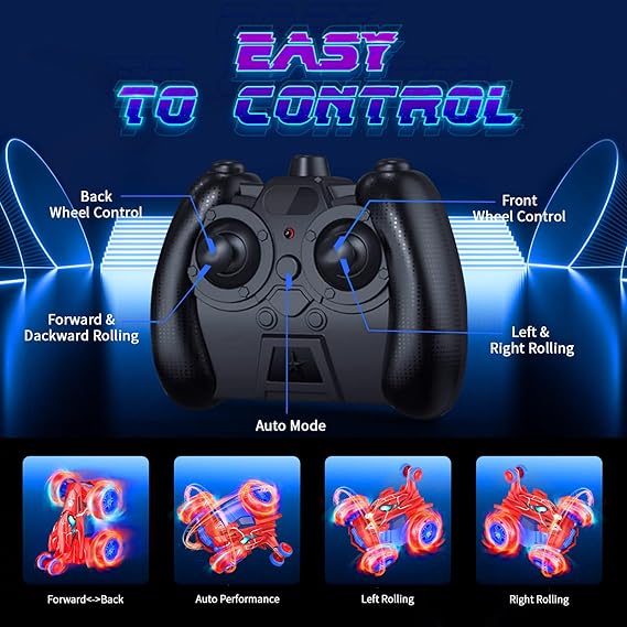 Stunt RC Car with Remote Control & Rechargeable Battery for 4-12 Years Old kids, Featuring 360 Flips, 4WD Wheels & Illuminated Design
