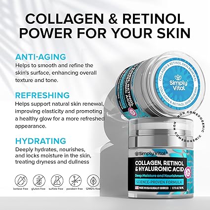 SimplyVital Collagen, Retinol & Hyaluronic Acid Cream - Anti-aging moisturizer for face, neck, and décolleté