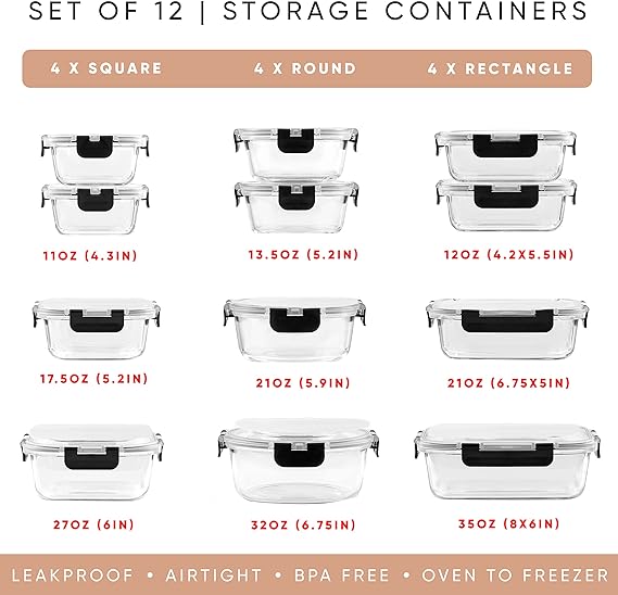 JoyJolt JoyFul 12 Airtight Freezer Safe Food Storage Containers and 12 Lids, Pantry Kitchen Storage Containers,