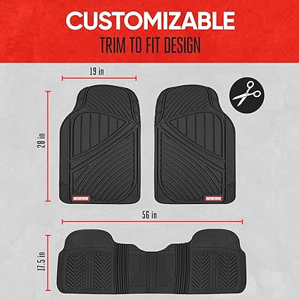 Motor Trend FlexTough Performance All-Weather Rubber Black Floor Mats for Cars, Trucks, and SUVs - 3-Piece Automotive Liners, Heavy-Duty Waterproof