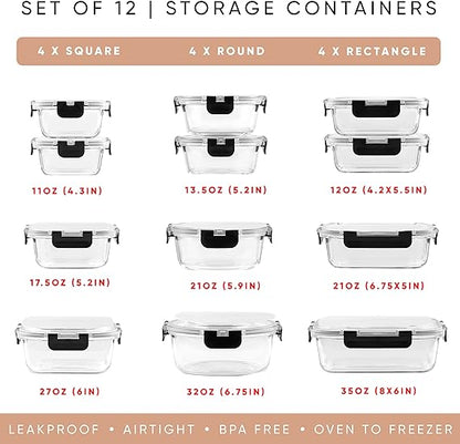 JoyJolt JoyFul 12 Airtight Freezer Safe Food Storage Containers and 12 Lids, Pantry Kitchen Storage Containers,