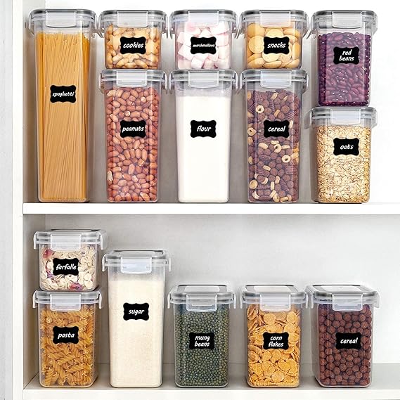 Airtight Food Storage Containers with Lids, Vtopmart 24 pcs Plastic Kitchen and Pantry Organization Canisters for Cereal, Dry Food, Flour and Sugar, BPA Free, with 24 Labels