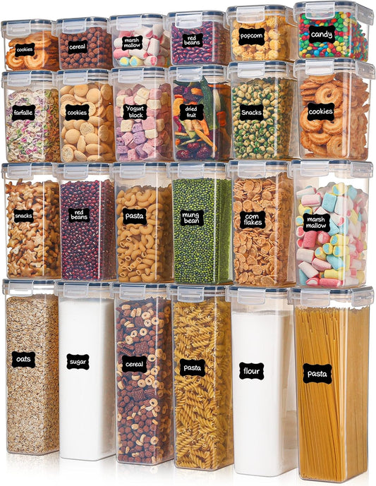 Airtight Food Storage Containers with Lids, Vtopmart 24 pcs Plastic Kitchen and Pantry Organization Canisters for Cereal, Dry Food, Flour and Sugar, BPA Free, with 24 Labels